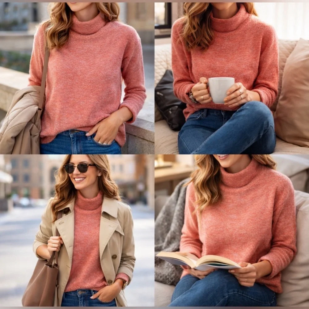 Ann Taylor LOFT Marled Mock Neck Sweater XS Coral Pink Cozy Knit